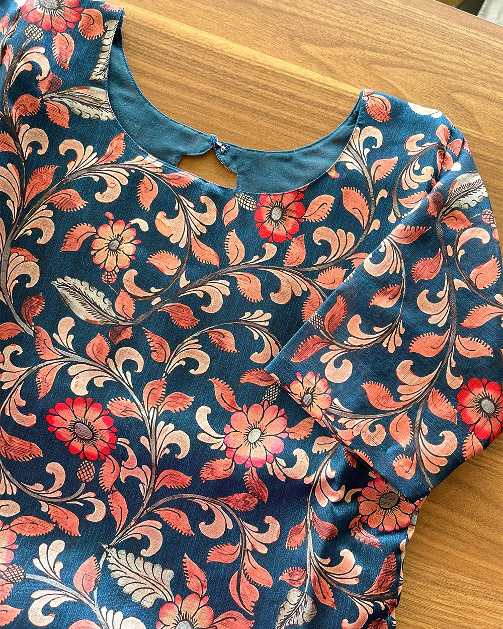 T060 Teal Floral Silk Kurta - Image 3