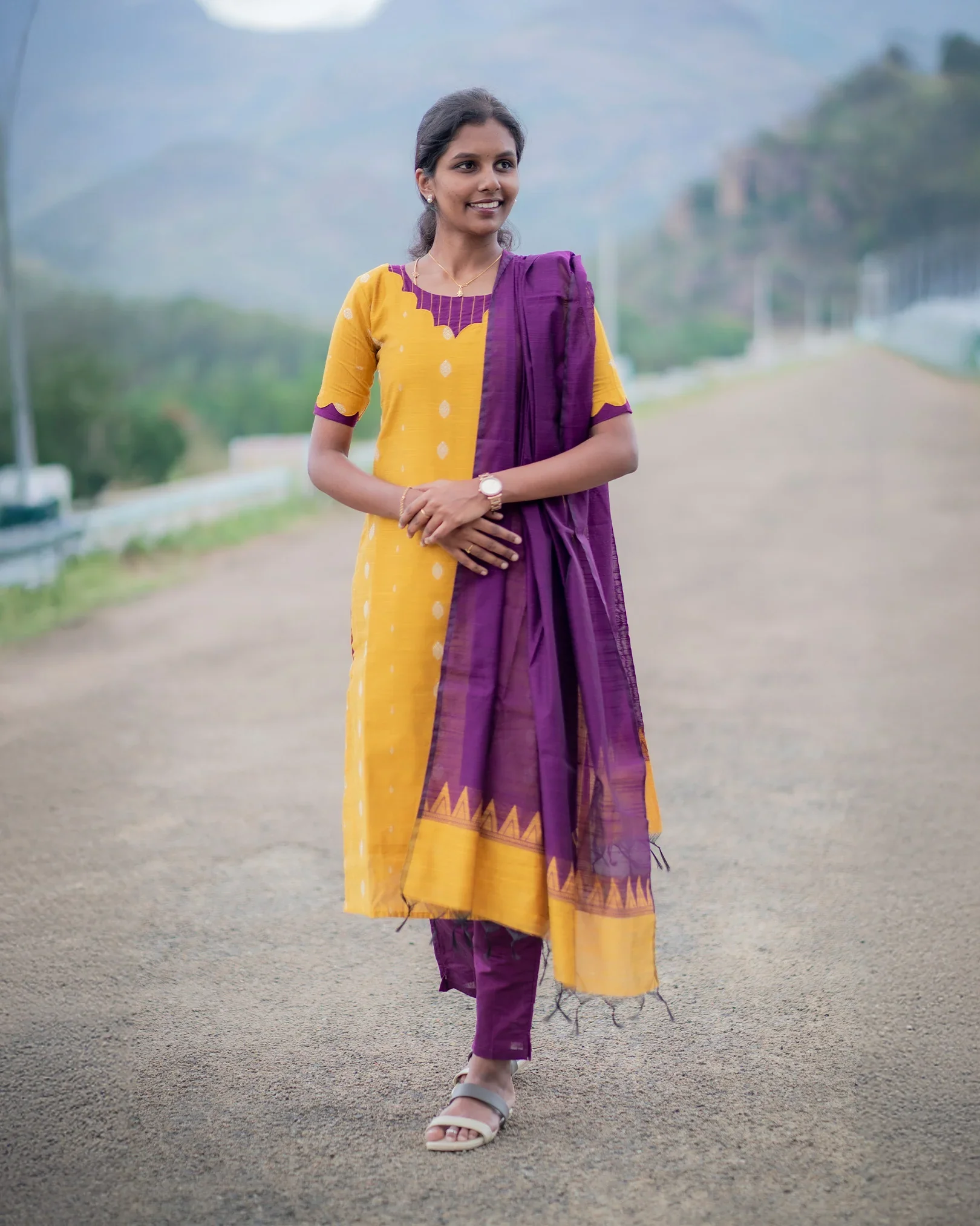 T032 Marigold slub silk kurta set - Image 3